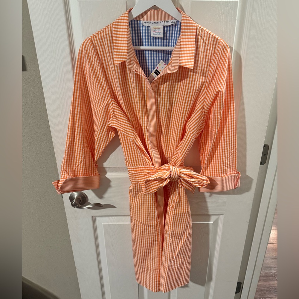 Gretchen Scott Designs Orange White Gingham Tie-Waist Shirt Dress